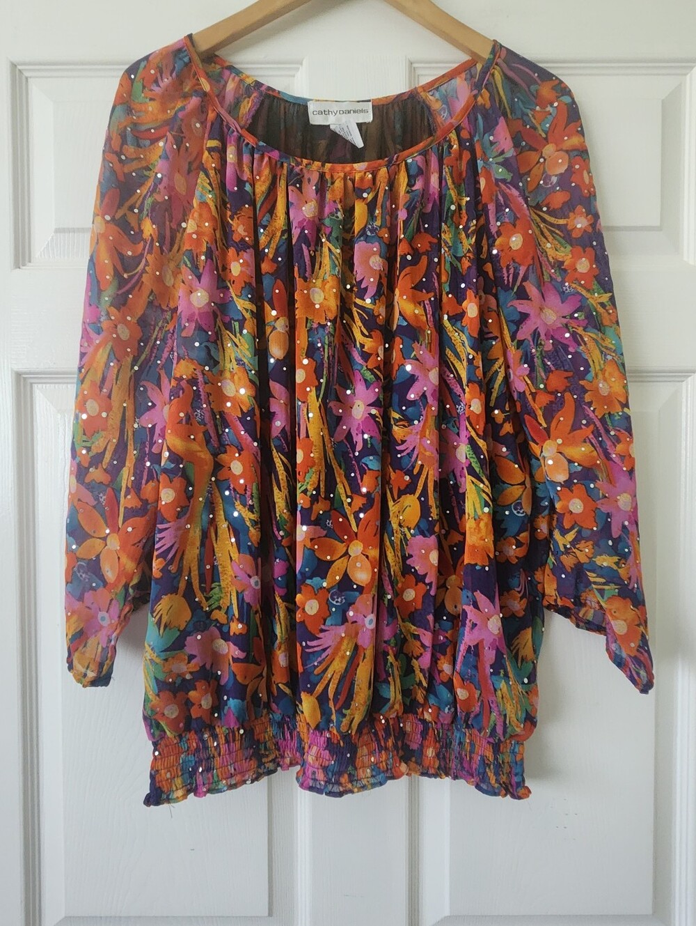 Cathy Daniels Vibrant Floral Peasant Blouse in Purple and Orange - Women's 1X